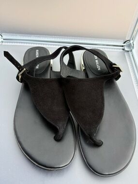 Karen Millen Black Suede Toe Ring Sandals EU 37 US 6.5-7 Gold Accent Leather